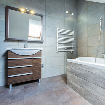 Bathroom interior with bath and wooden shelf