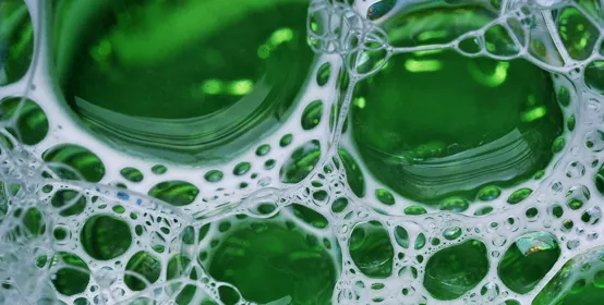 Green cleaning product with white foam bubbles