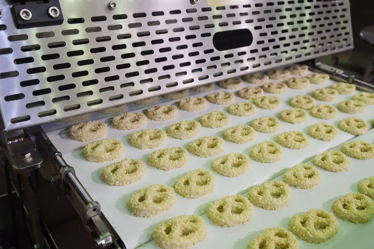 Baking machine Pretzels going into or coming out of a baking machine