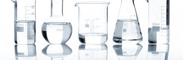 Five laboratory flasks with a clear liquid, isolated on a white background.
