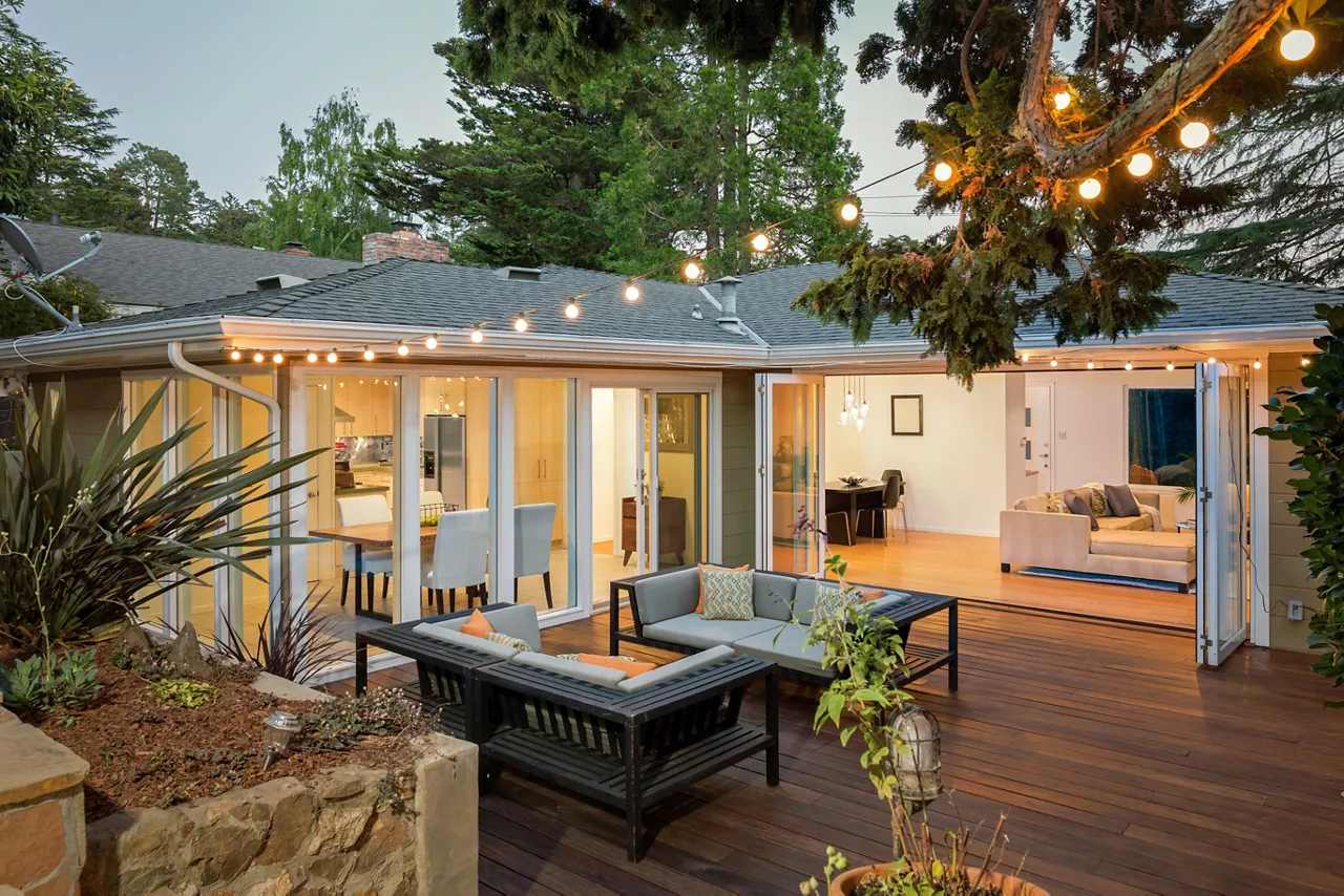 outdoor decked garden area with fairy lights