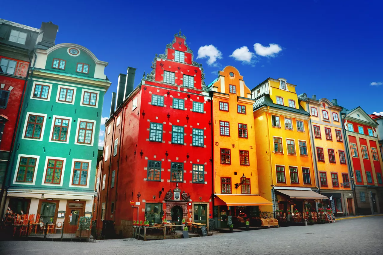 Colorful building fronts on historical street