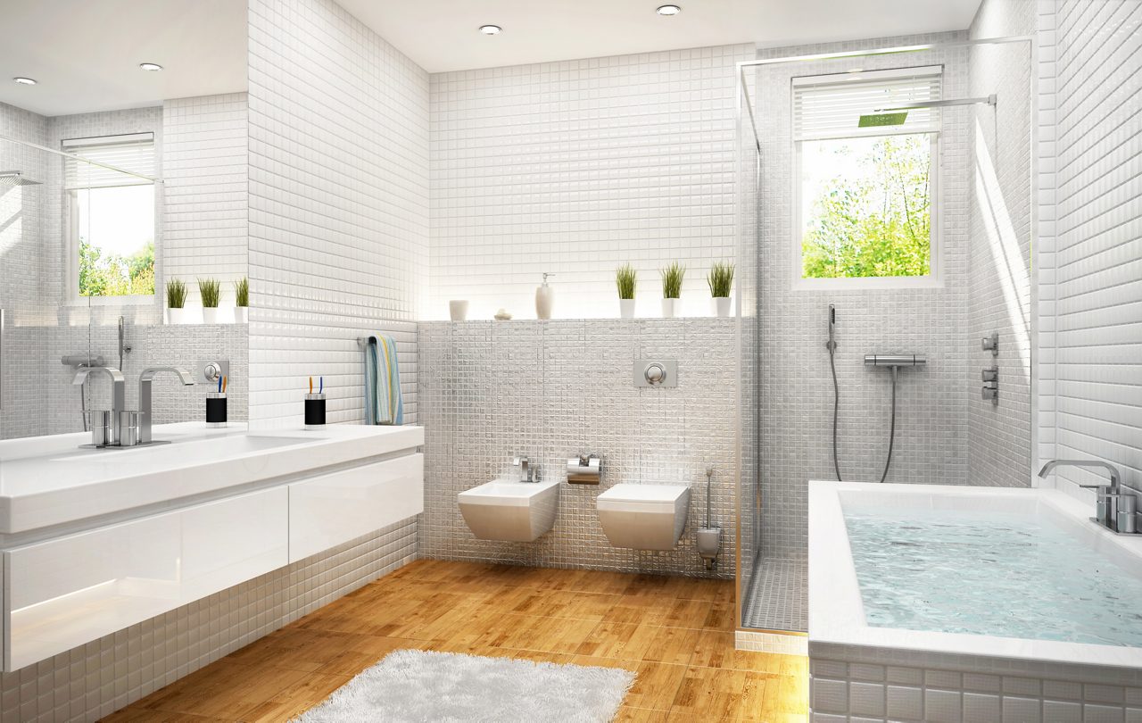 Bathroom with bath, shower and shining surfaces