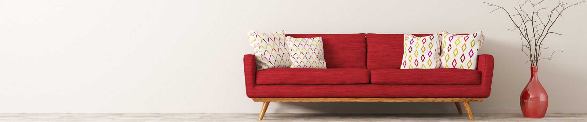 Modern interior of living room with red sofa