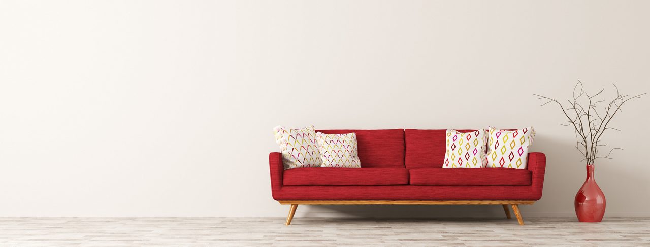 Modern interior of living room with red sofa