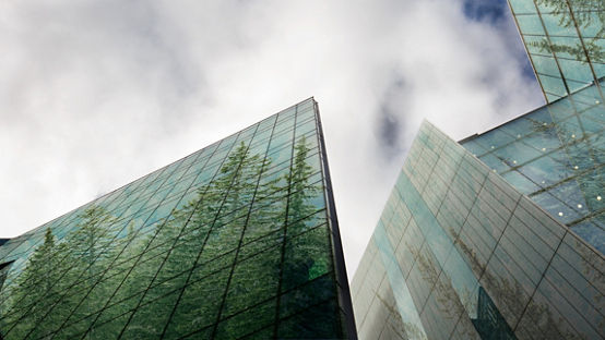 Sustainable, green energy city, urban ecology concept and modern business buildings surface covered in forest with copy space.