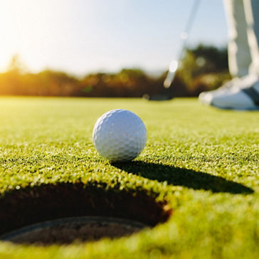 Professional golfer putting ball into the hole. Golf ball by the edge of hole with player in background on a sunny day.