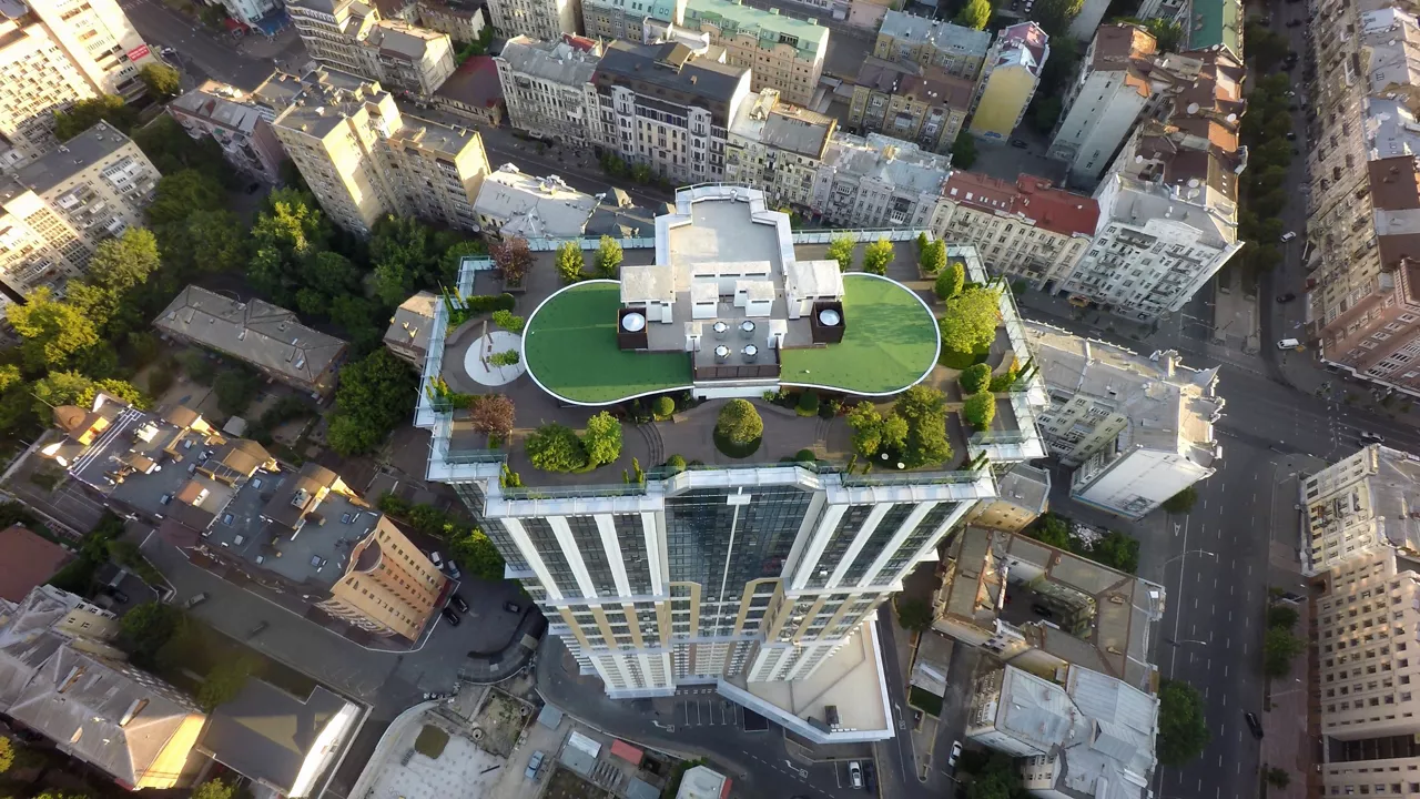 Urban city roof garden as seen from above