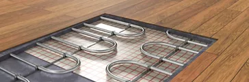 Underfloor heating system under wooden floor. 3D rendered illustration.