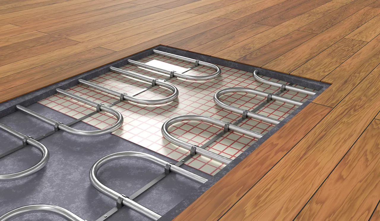 Underfloor heating system under wooden floor