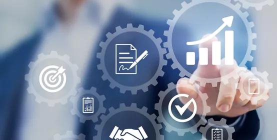 Business process management and automation concept with icons of hiring workflow, document validation, information in connected gear cogs, businessman touching screen.
