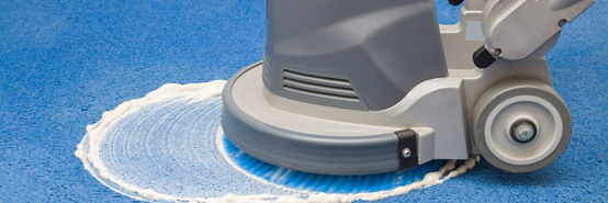 Blue carpet chemical foaming, rubbing and cleaning with professionally disk machine. Early spring regular cleanup. Cleaning service concept.