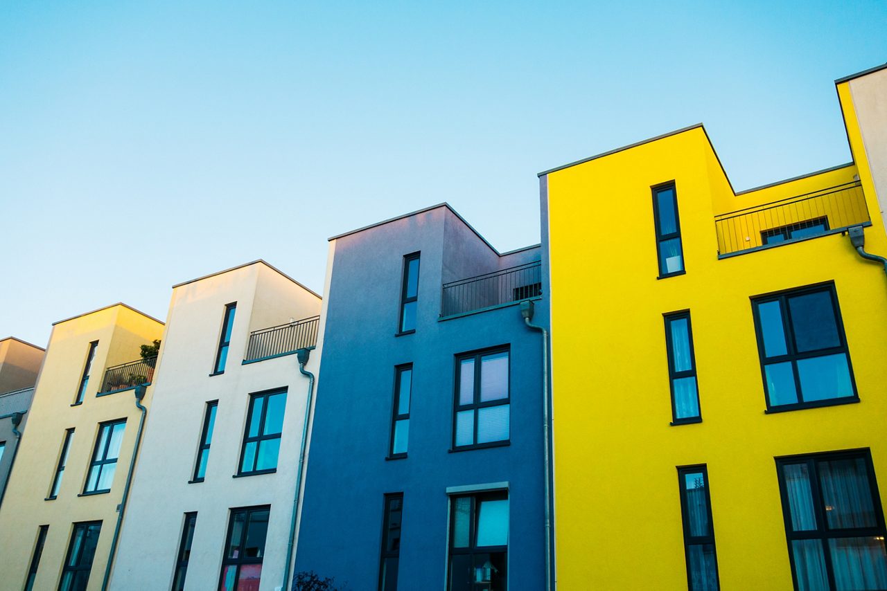 Colorful building fronts on historical street