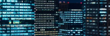 Skyscrapers illuminated at night in Tokyo, Japan