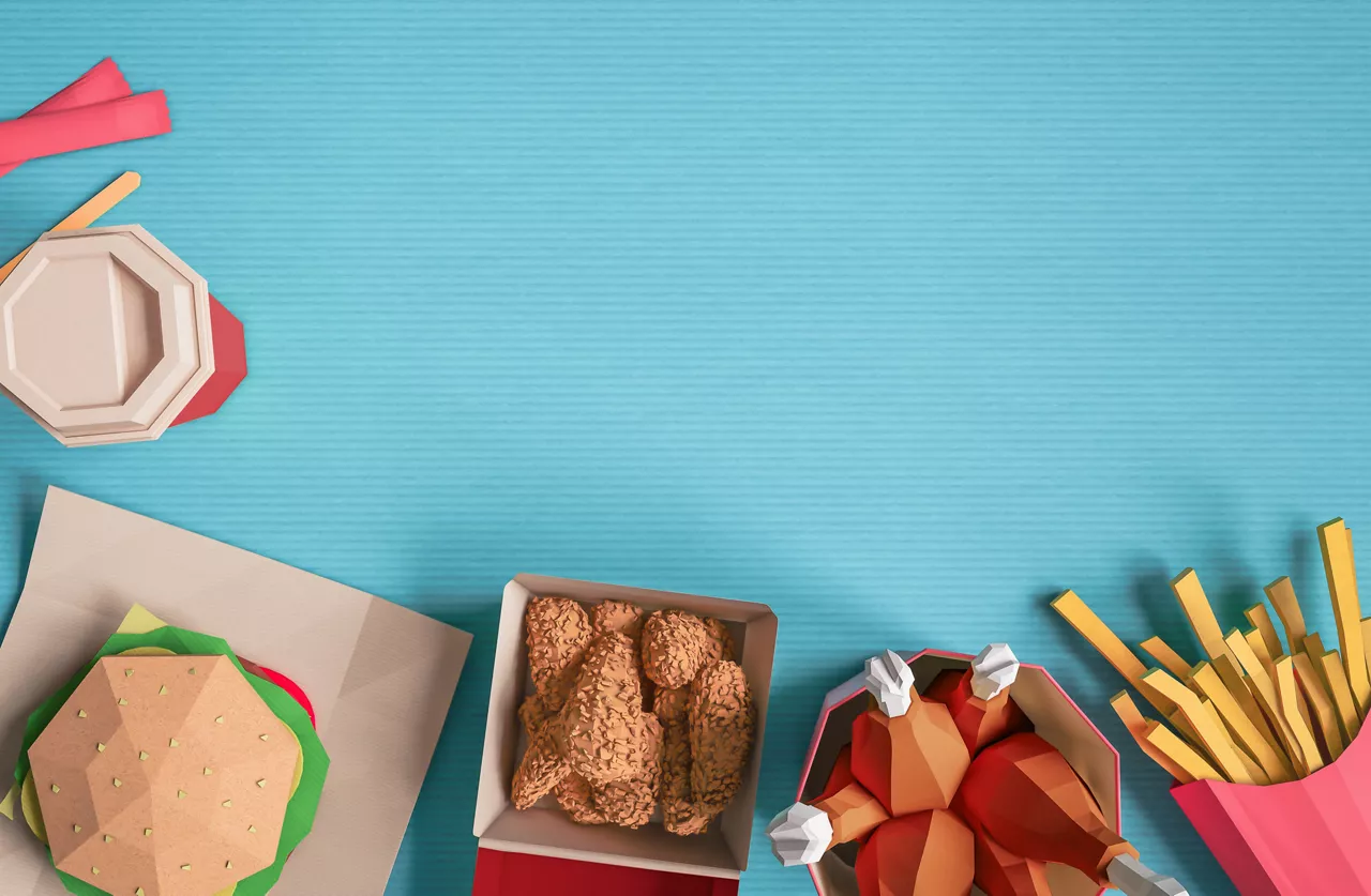 Fast food burger components background concept from cardboard on paper background. Cartoon food product packaging and delivery. 3D model render