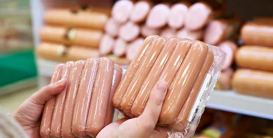Close up of pair of hands holding two different shrink wrapped vacuum sealed packages of hot dogs with grocery store meat wall in background