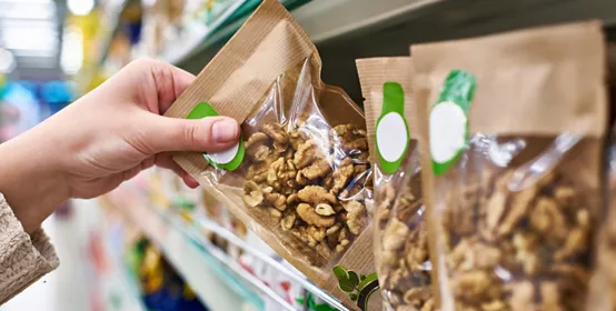 Eco-friendly packaging on a grocery store shelf