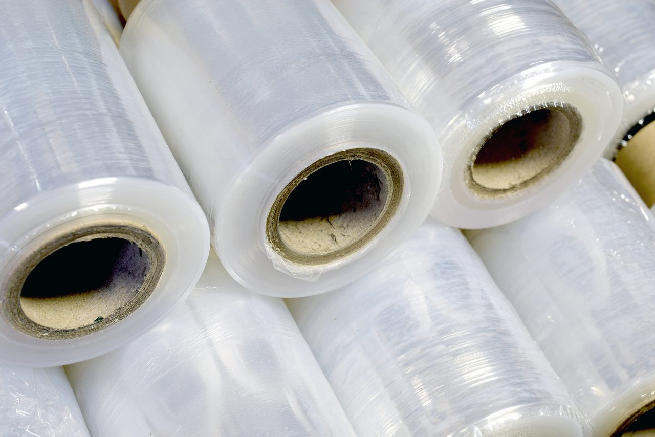 Plastic stretch film rolls close up