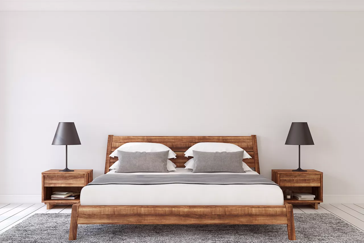 Calming bedroom interior with gray matte wall.