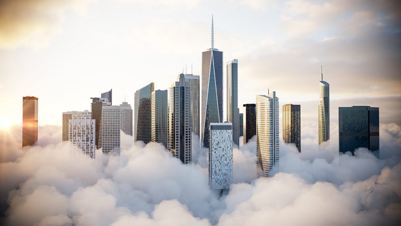 Futuristic 3D rendering concept image of city skyscrapers stretching above the clouds