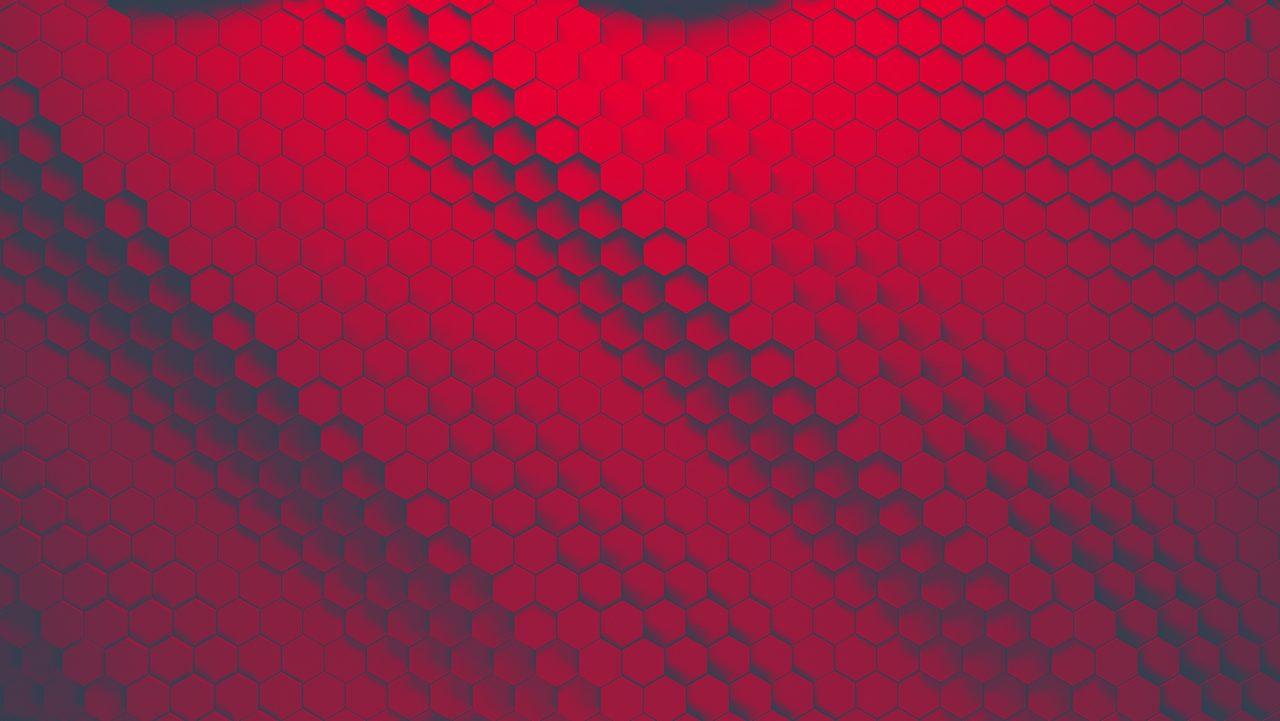 Hexagon Wave | Dow Branded Texture | Red
background of hexagons of different heights, top lighting. Technological backdrop.3d Rendering.