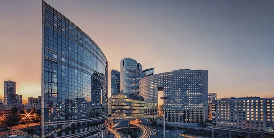 La Defense, business district in Paris at sunrise or sunset