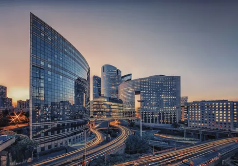 La Defense, business district in Paris at sunrise or sunset