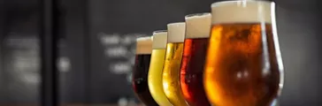 Glasses with different sorts of craft beer on wooden bar.