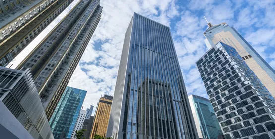 Skyscrapers in Hong Kong viewed from a low angle.