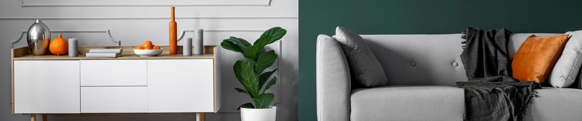 Pared verde y gris del elegante interior de la sala de estar con muebles de madera blanca y un sofá gris
