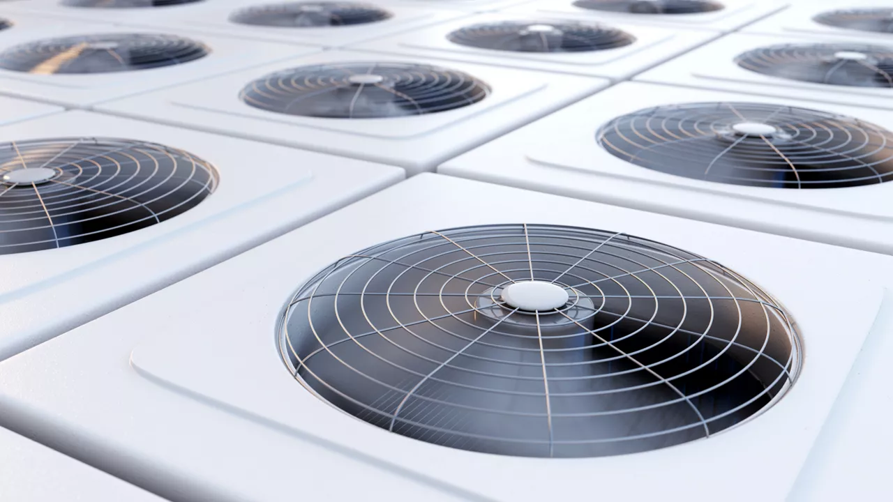 Closeup image of HVAC system units with fans. Heating, ventilation and air conditioning concept. 3D illustration
