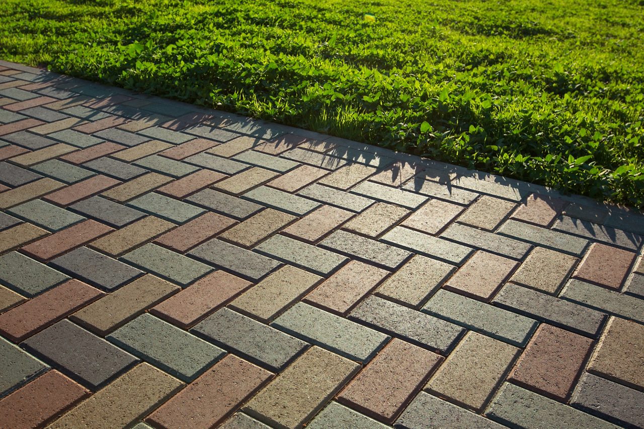 Pavimento e gramado coloridos de estrada de paralelepípedos 