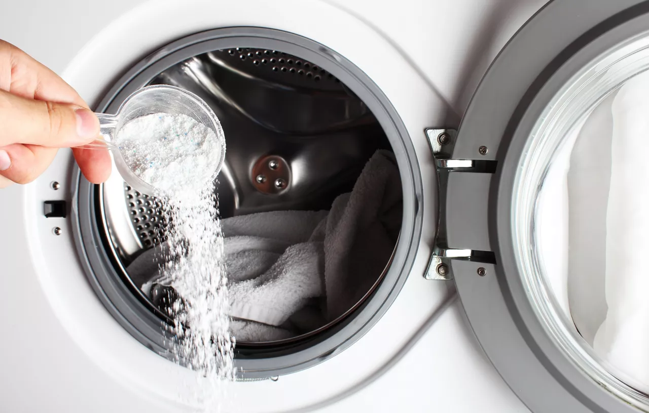 Powder detergent being poured in front of washing machine door