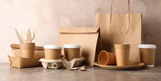 Ecofriendly tableware and paper bag on grey table