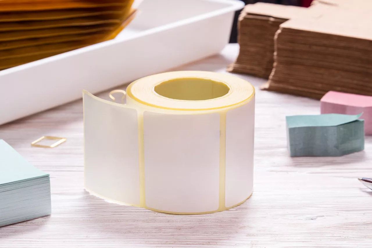 White tape sticker roll on wooden table.