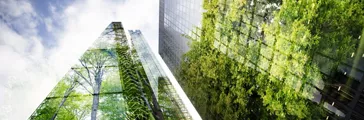 green city - double exposure of lush green forest and modern skyscrapers windows