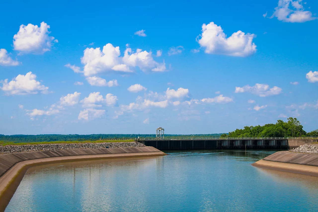 River dam water reservoir lake with surrounding walls