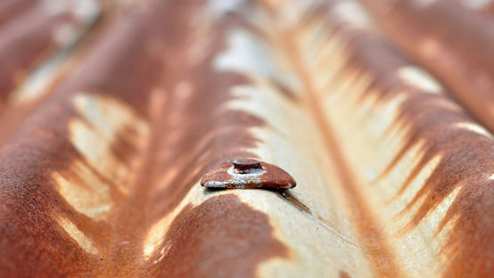 Detail view of old rusty corrugated metal sheet with rusty nail.