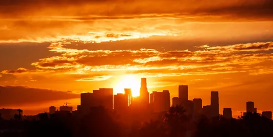 Los Angeles city skyline sunrise.