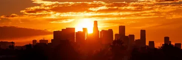 Los Angeles city skyline sunrise.