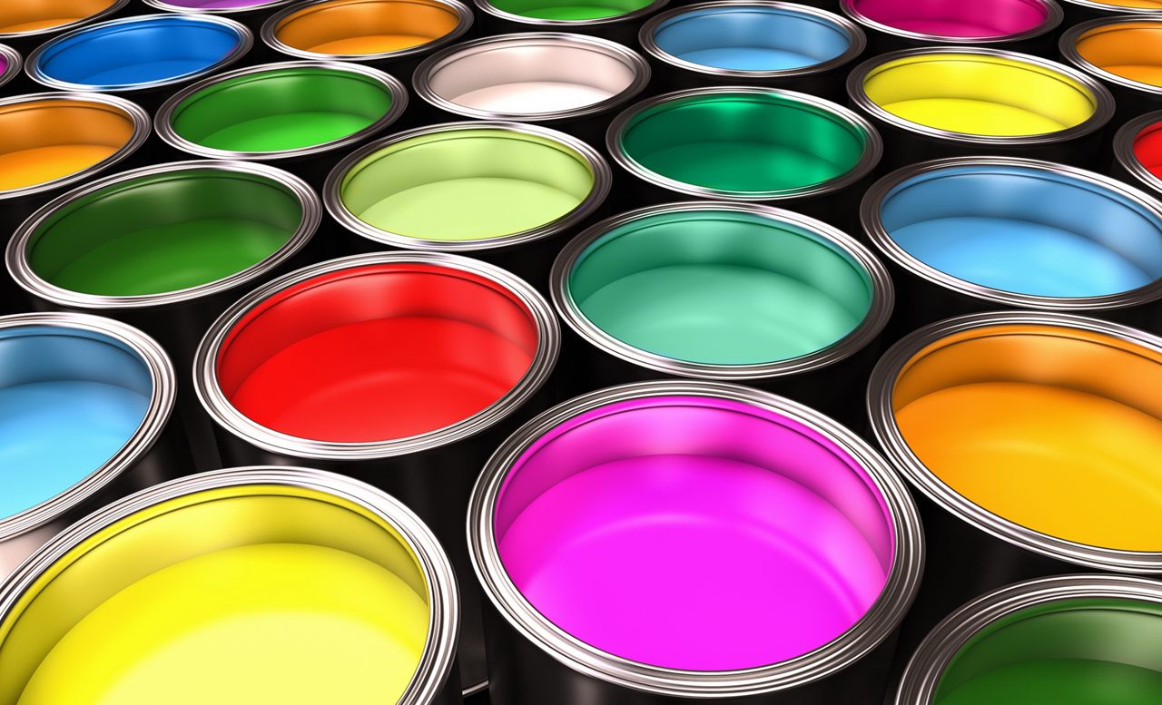 3D rendered graphic background image of open paint cans containing many different bright colors