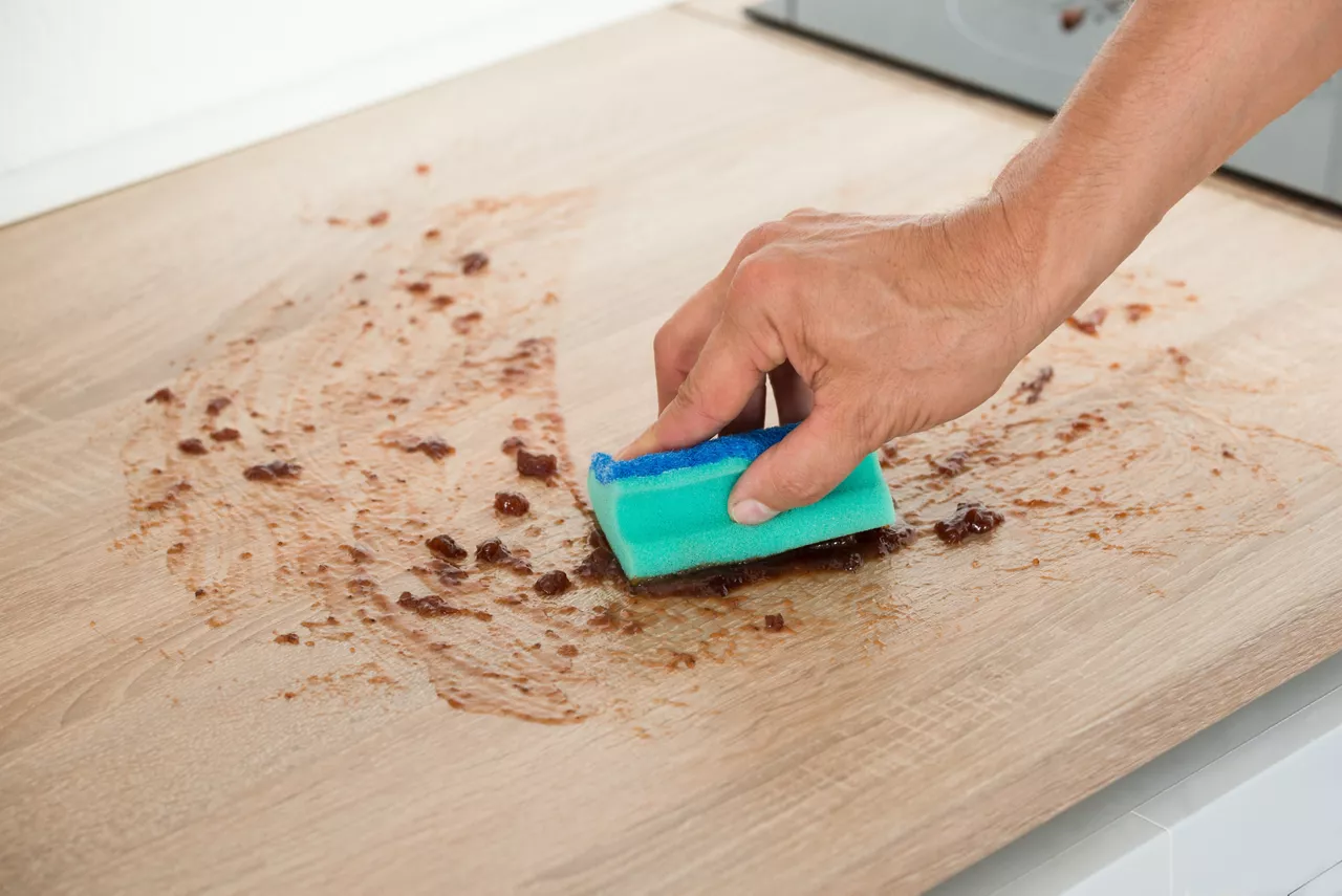 Man cleaning kitchen counter with sponge