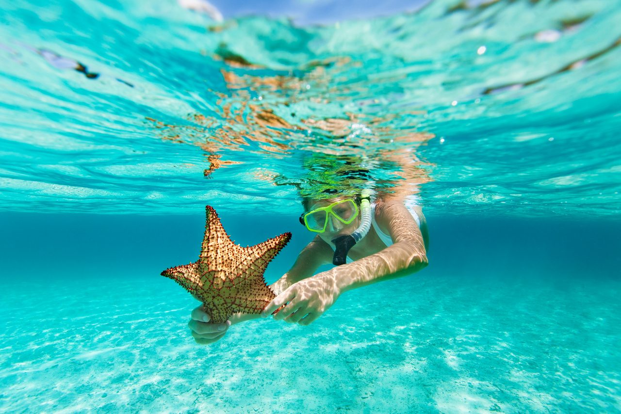 Woman with snorkel and mask holding a starfish