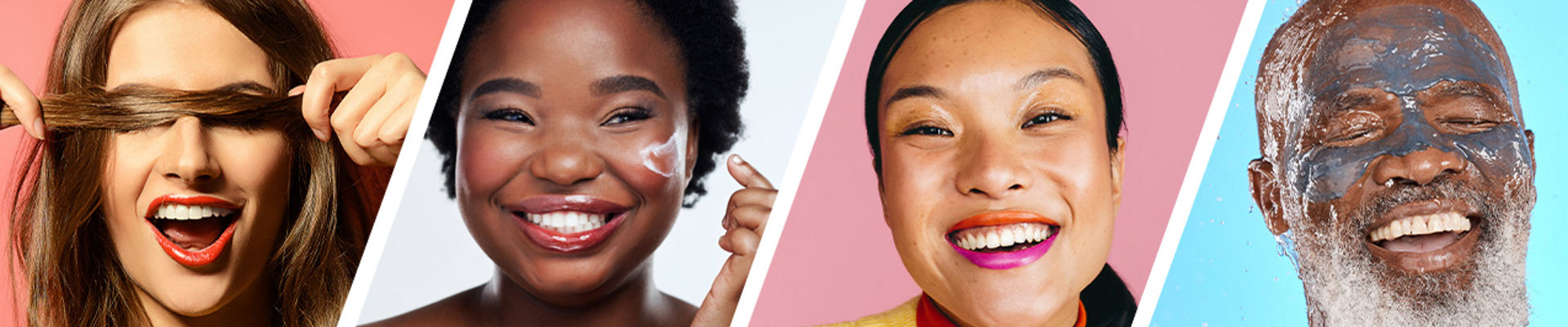 Três pessoas sorrindo depois de usar produtos de cuidados pessoais