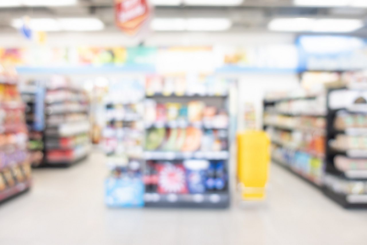 Abstract blur shelf in minimart and supermarket for background
