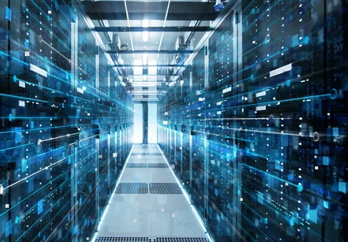 Shot of Corridor in Working Data Center Full of Rack Servers and Supercomputers with High Internet Visualization Projection