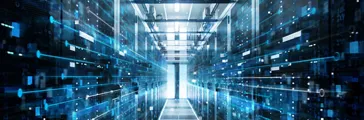 Shot of Corridor in Working Data Center Full of Rack Servers and Supercomputers with High Internet Visualization Projection.