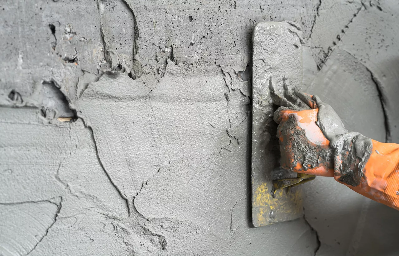 Worker using a cement trowel to level cement on surface