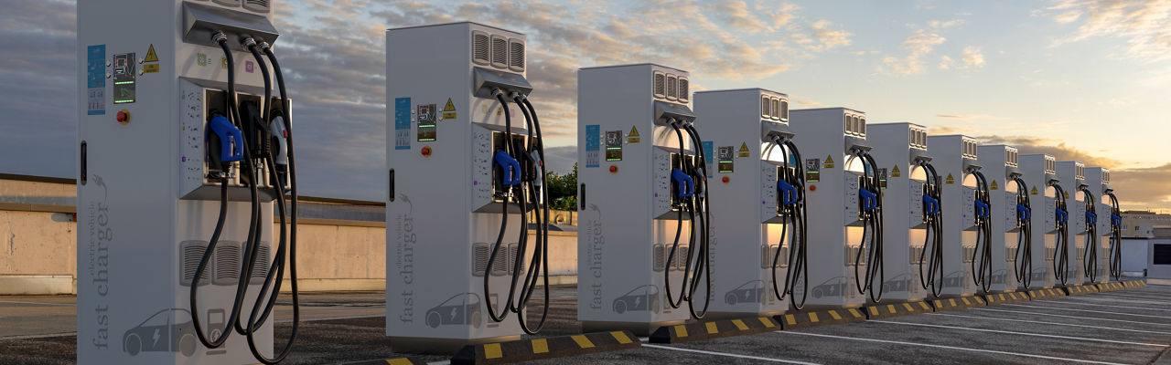 Empty parking lot of EV charging stations