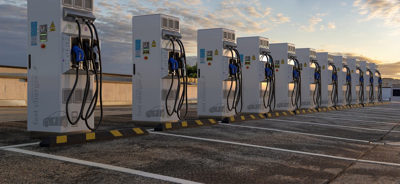 Empty parking lot of EV charging stations